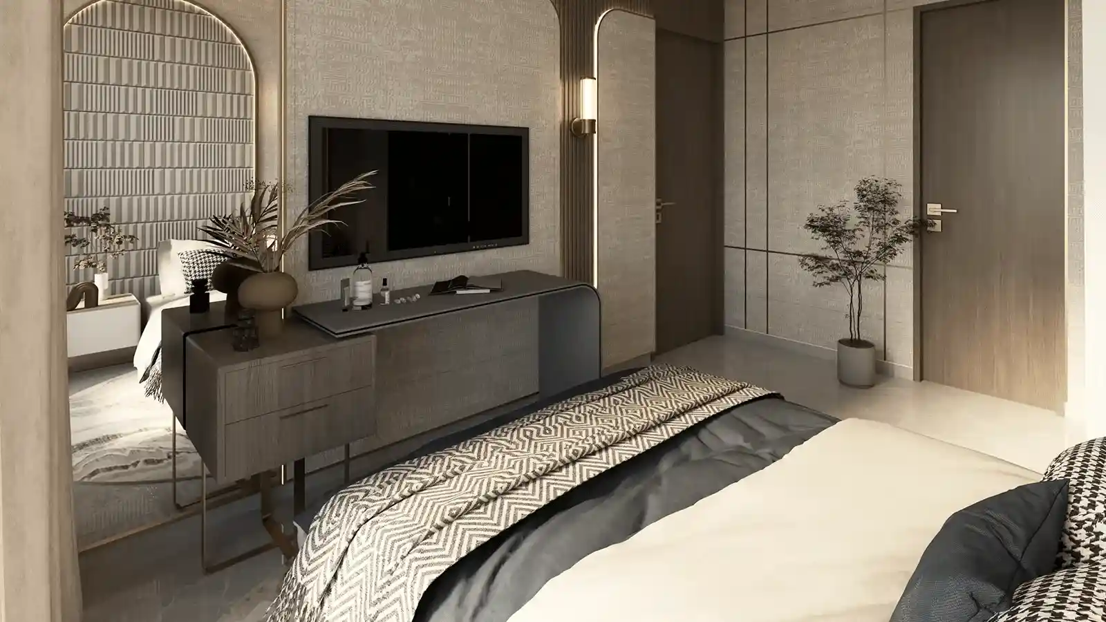 Spacious bedroom interior of 3 BHK apartment at Dobariya The Olive