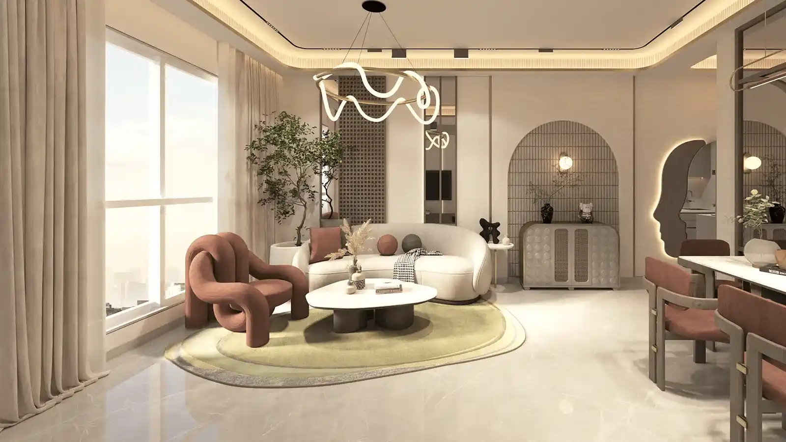 Spacious living room design at Dobariya The Olive apartments